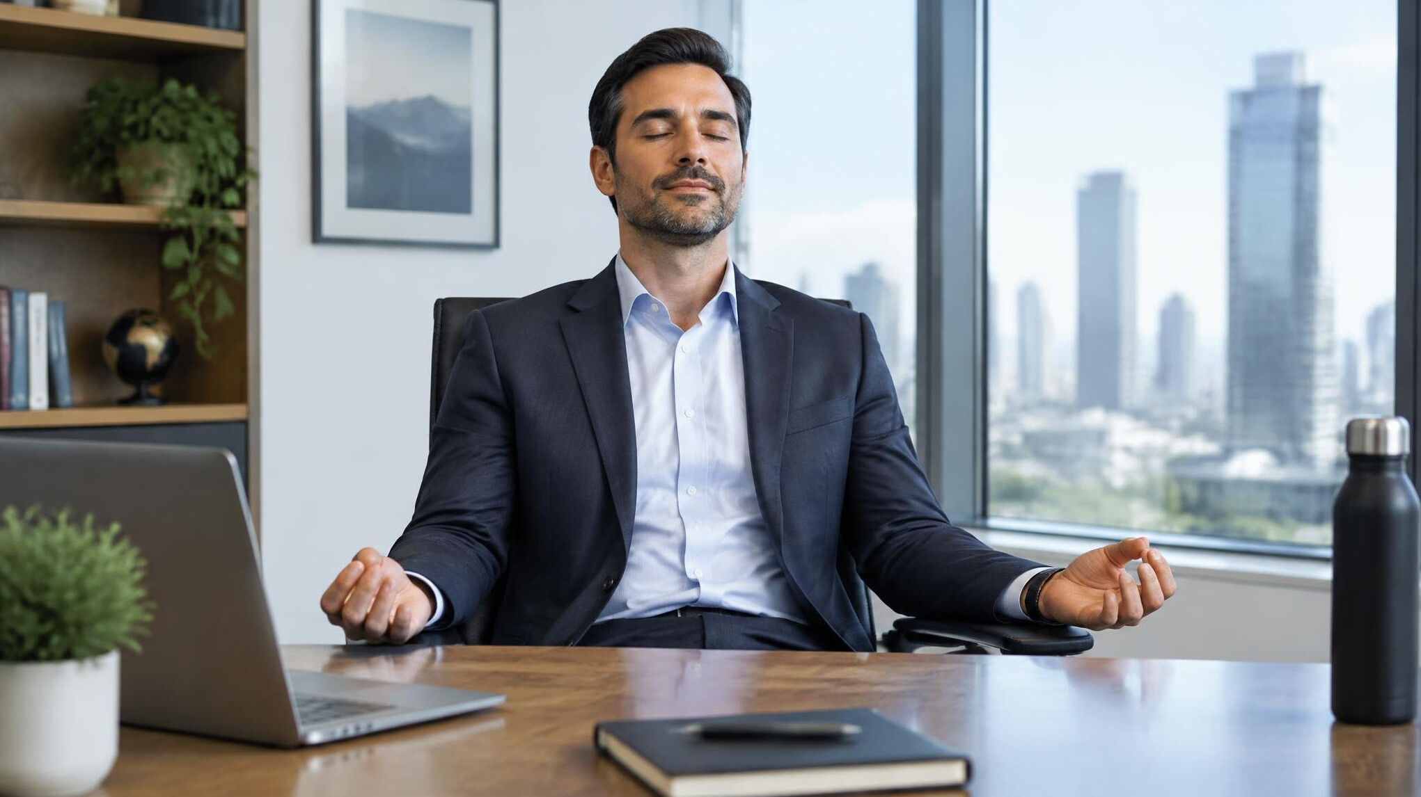 leader meditating in office