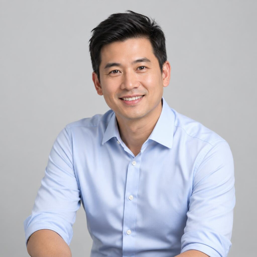 Studio portrait of a Chinese Singaporean man in his 30s in a business shirt