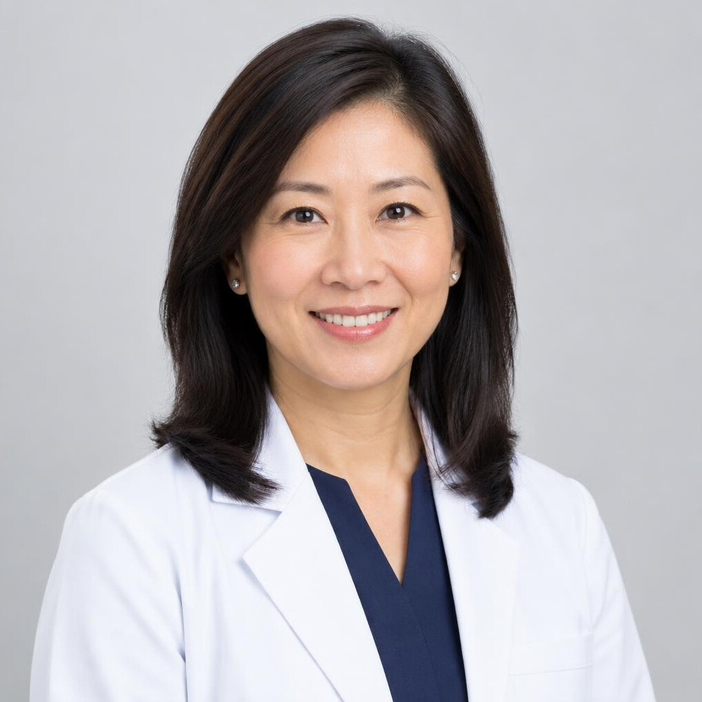 Studio portrait of a Chinese Singaporean female doctor in her 40s