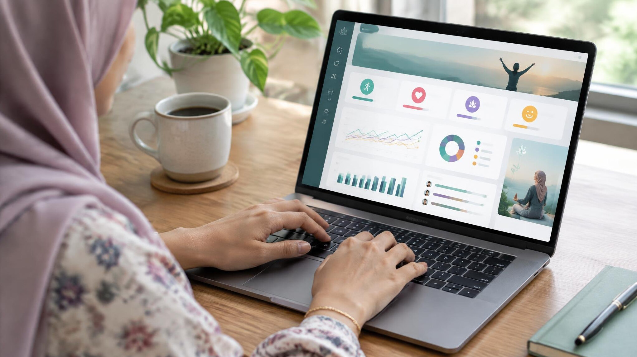 Hands typing on a laptop showing a wellness dashboard