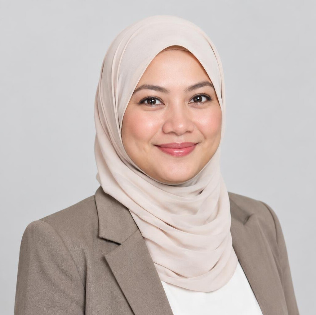 Studio portrait of a Malay Singaporean woman in her 30s wearing a hijab