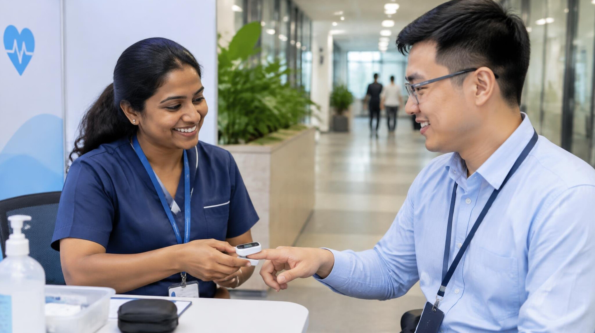 Employee receiving a health screening from a wellness nurse