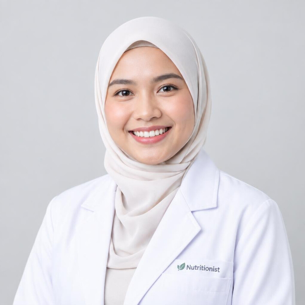 Studio portrait of a Malay Singaporean woman in her 20s in a chef-style coat